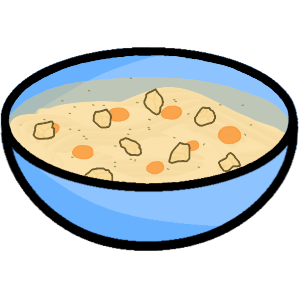 a blue bowl full of chicken noodle soup with carrots and some kind of seasoning.